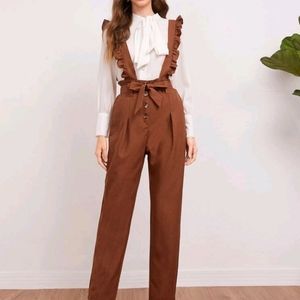 Ruffle Trim Self Tie Button Front Overall